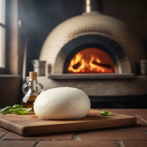 A ball of fresh housemade mozzarella with olive oil and basil