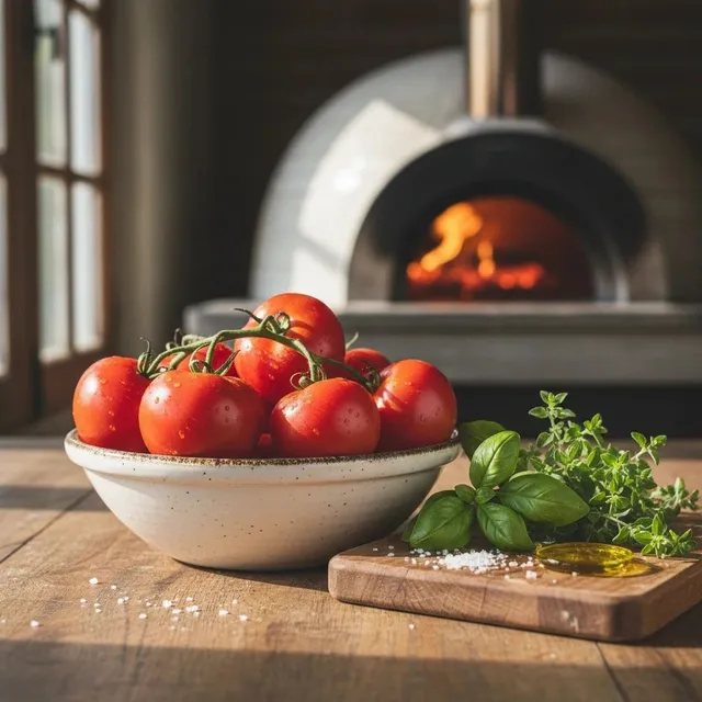 Fresh San Marzano-style tomatoes and basil in front of Cavalli's wood-fired oven