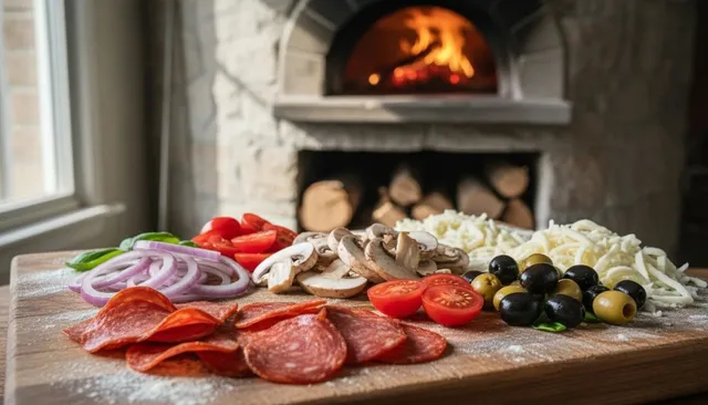 Fresh pizza toppings on a board in front of Cavalli's wood-fired brick oven